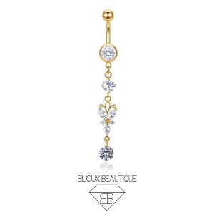 Navel Encrusted Butterfly Dangle Gems Belly Button Curved Barbell – White, Gold