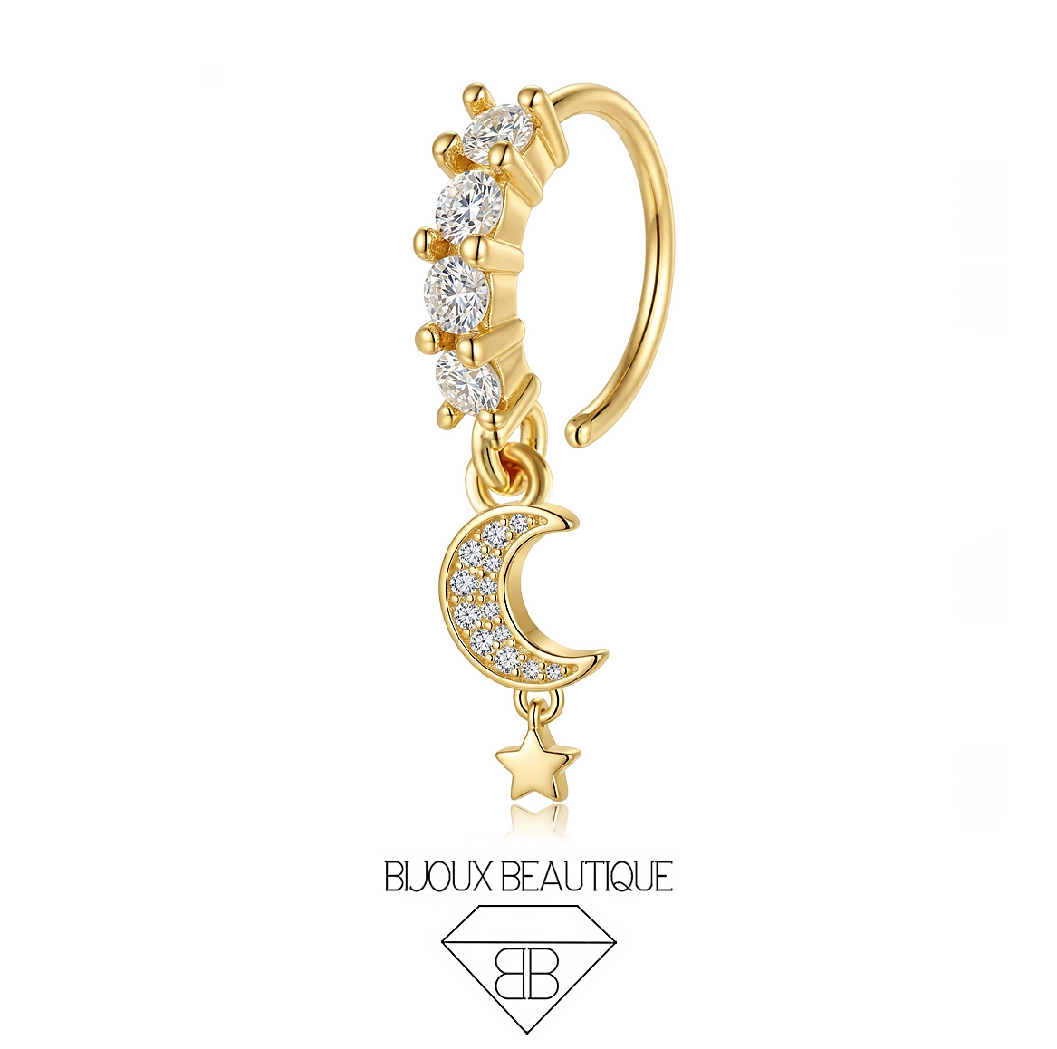 Nose / Ear Encrusted Crescent Star Dangle Seam Hoop - White, Gold