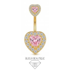 Navel Encrusted Gems Hearts Belly Button Curved Barbell – Pink, Gold