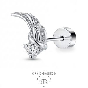 Ear Feather Inlaid Gem Flatback Stud – White, Silver