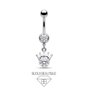 Navel Crown Gem Dangle Belly Button Curved Barbell – White, Silver