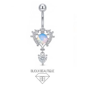 Navel Ornamental Pronged Heart Gem Dangle Belly Button Curved Barbell – Aurora, Silver