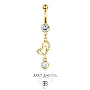 Navel Double Framed Heart Dangle Gem Belly Button Curved Barbell – White, Gold