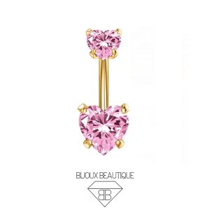 Navel Double Pronged Heart Gems Belly Button Curved Barbell – Pink, Gold