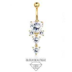 Navel Triple Heart Gems Dangle Belly Button Curved Barbell – White, Gold