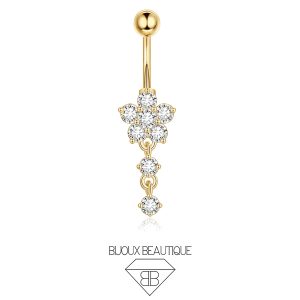 Navel Encrusted Flower Double Dangle Gems Belly Button Curved Barbell – White, Gold