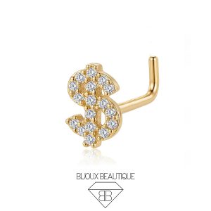 Nose Encrusted Dollar Sign L-Shape Stud – White, Gold