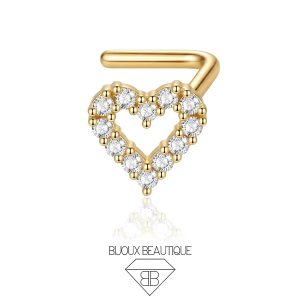 Nose Encrusted Heart L-Shape Stud – White, Gold