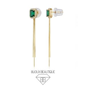 Square Cubic Zirconia Long Tassel Two Strap Earrings (Pair) – Emerald Green, Gold