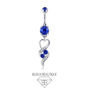 Navel Encrusted Heart Spiral Dangle Belly Button Curved Barbell – Sapphire Blue, Silver