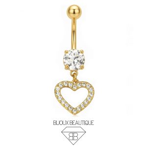 Navel Encrusted Heart Dangle Belly Button Curved Barbell – White, Gold