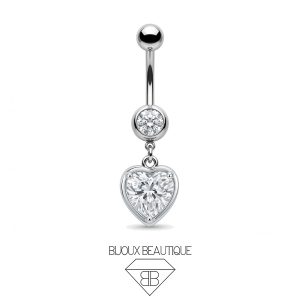 Navel Crystal Heart Gem Dangle Belly Button Curved Barbell – White, Silver