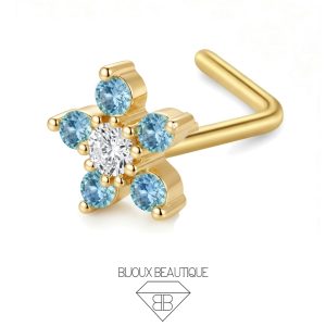 Nose Flower Cluster Gems L-Shape Stud – Turquoise, Gold